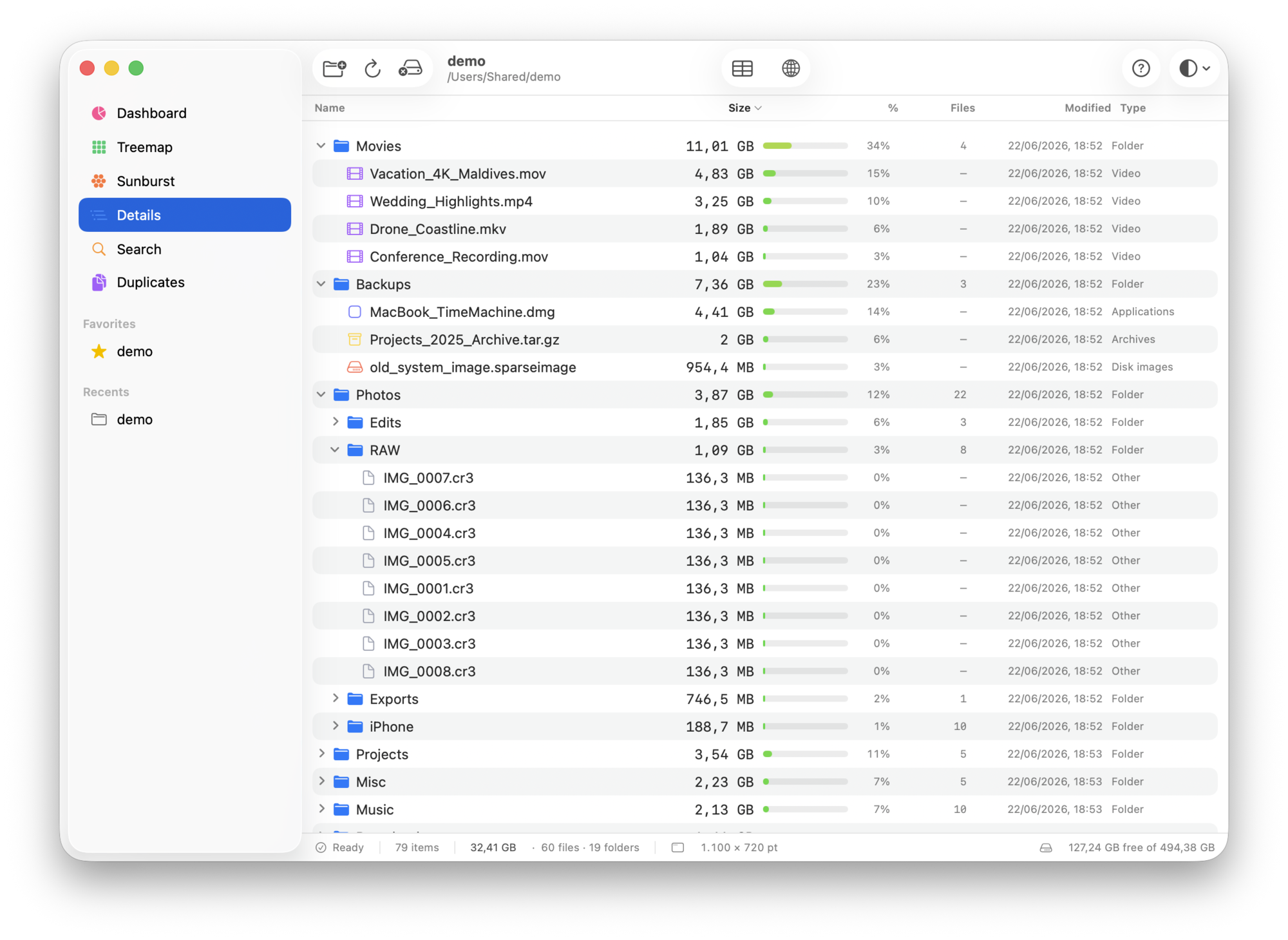 DiskLens Details: a sortable table of folders and files.