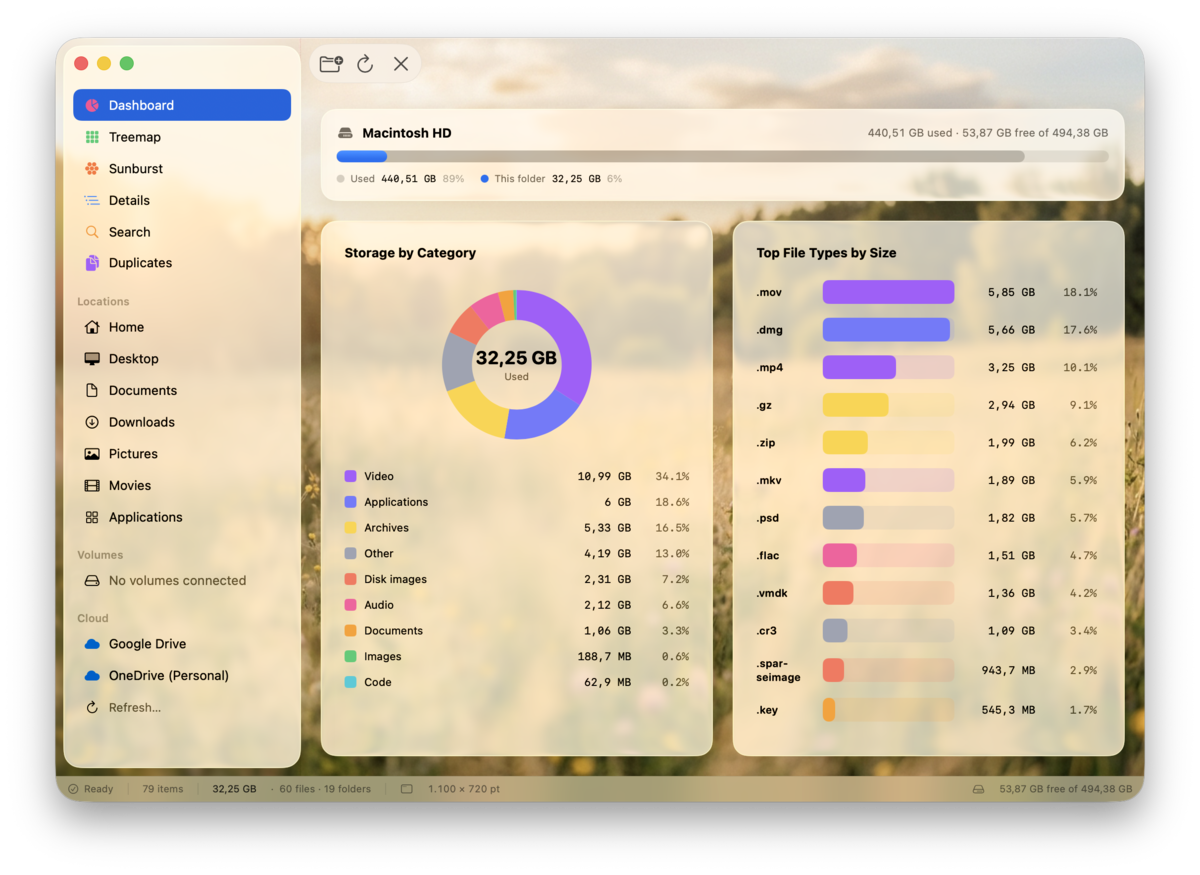 Fereastra DiskLens pe macOS: bara laterala cu vizualizarile, cardul cu spatiul volumului, un grafic inelar cu spatiul pe categorii si lista tipurilor de fisiere dupa marime.