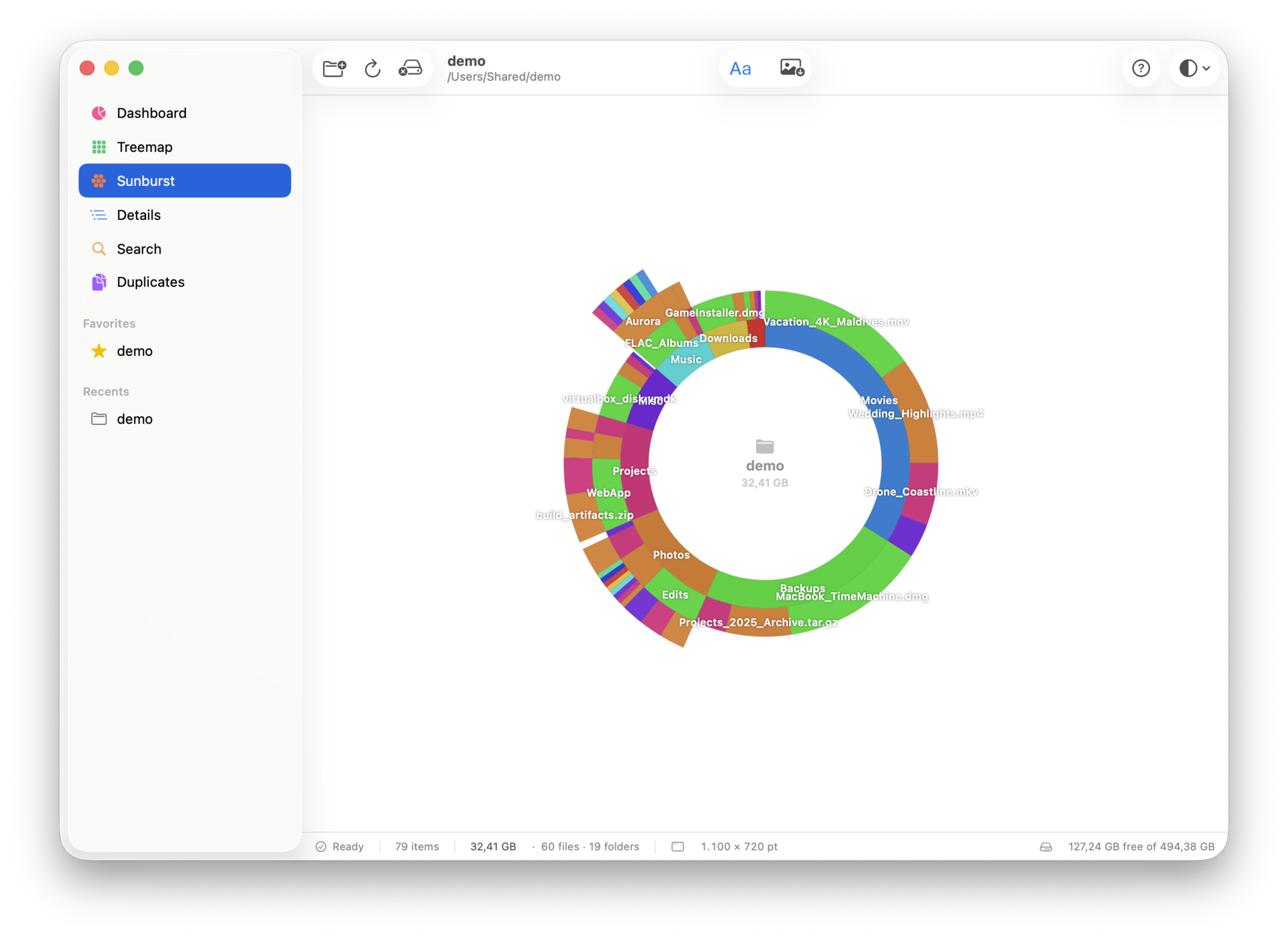 DiskLens Sunburst: interactive ring chart of the folder tree.