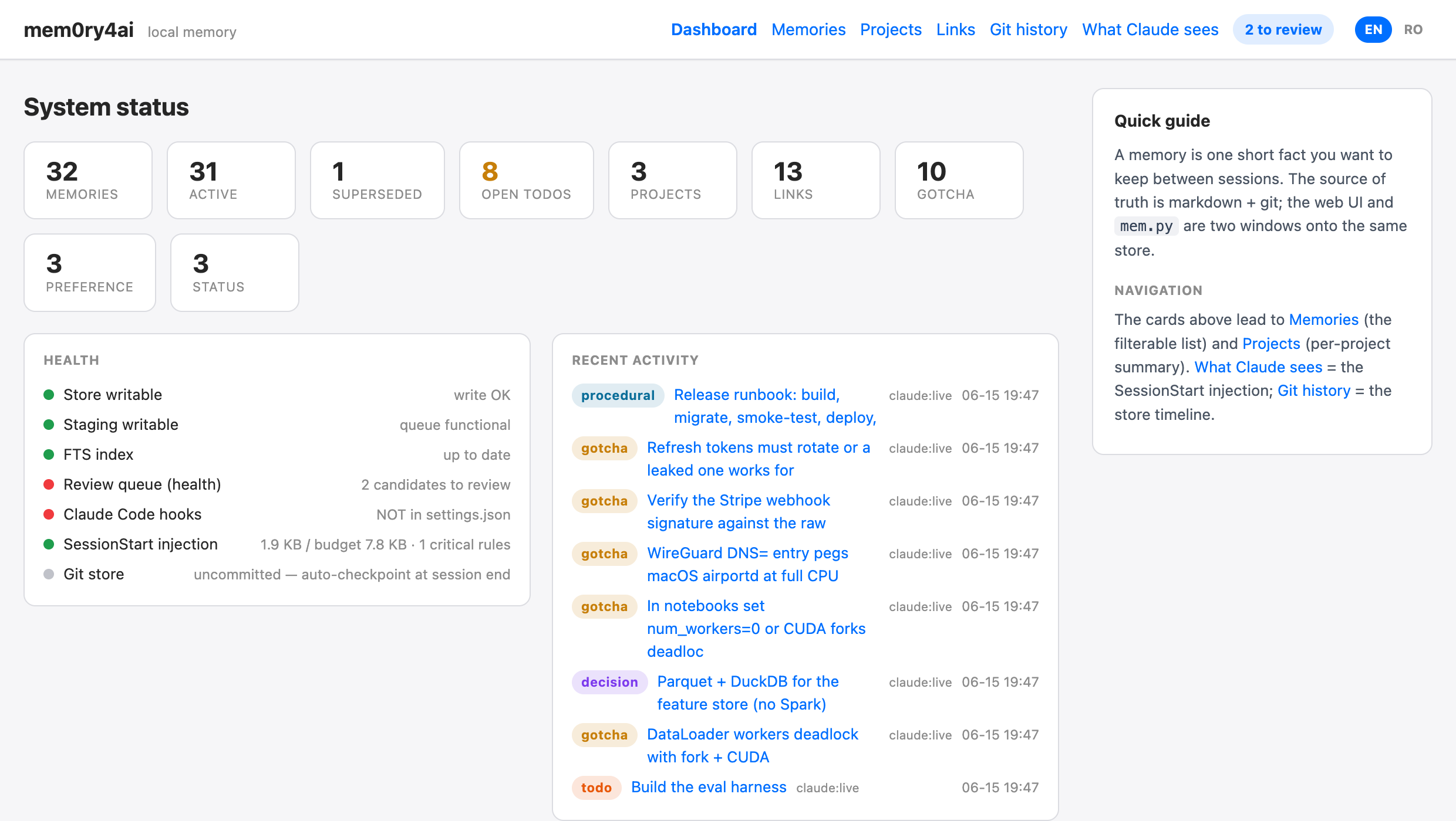 mem0ry4ai dashboard — system status stat cards (including superseded count), health checks, and recent activity with source attribution.