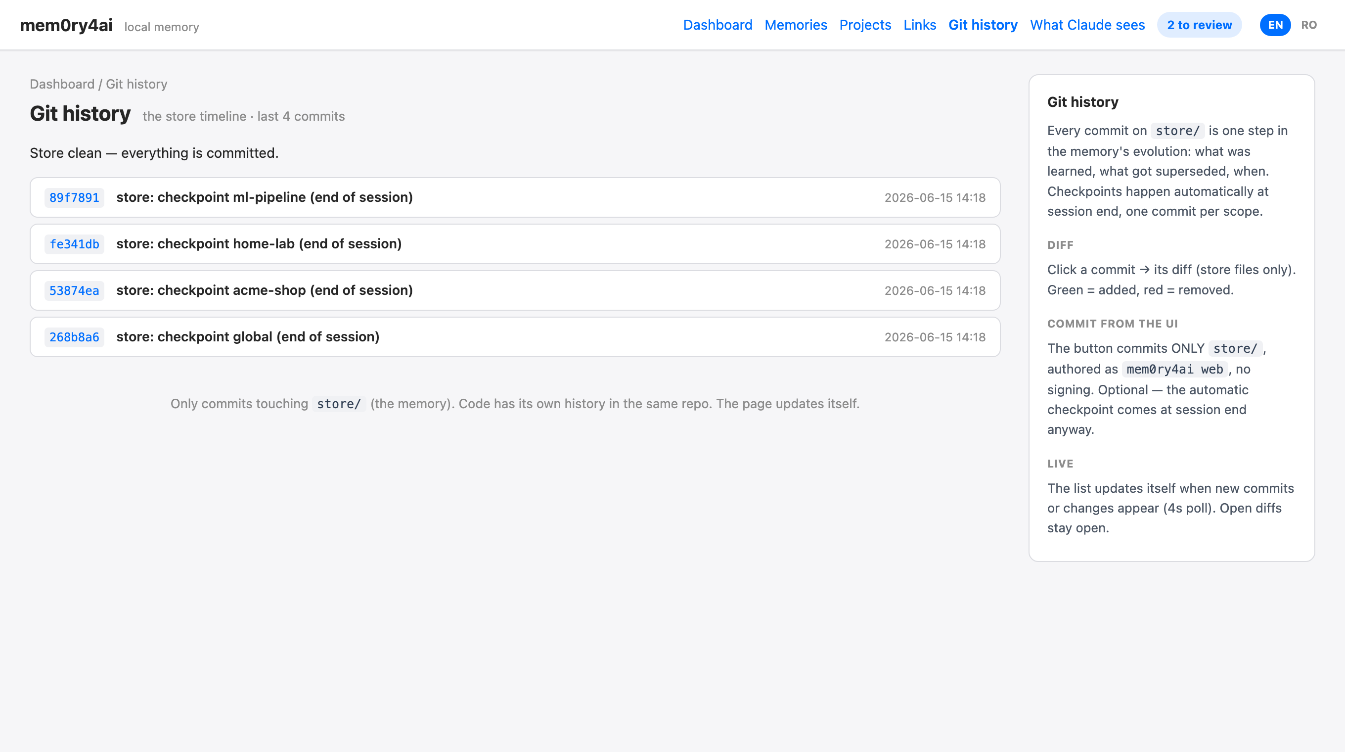 mem0ry4ai git history page — the memory timeline with per-commit colored diffs and a commit-from-UI button.