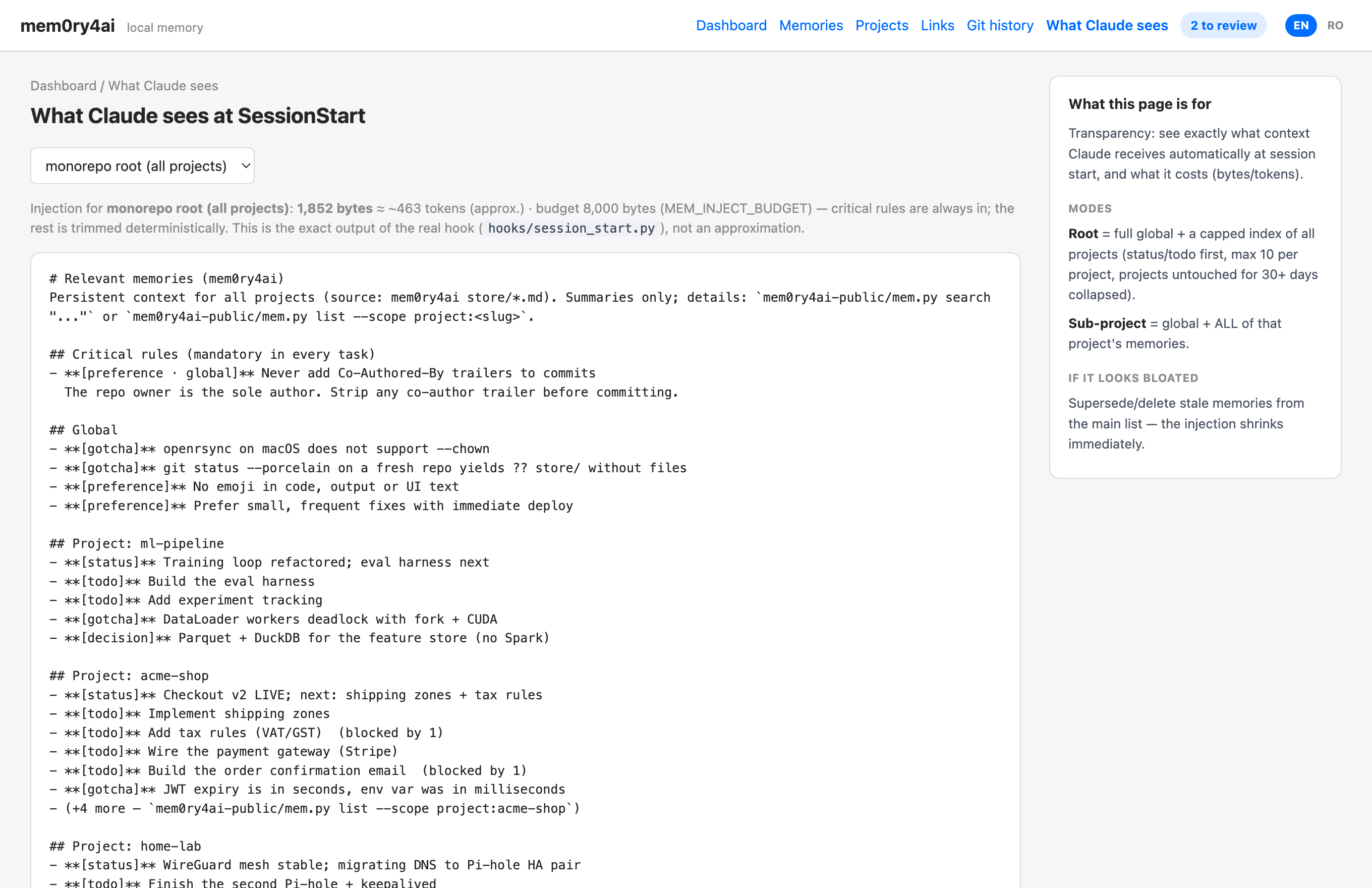 mem0ry4ai 'What Claude sees' page — the exact SessionStart injection with its size in bytes and tokens.