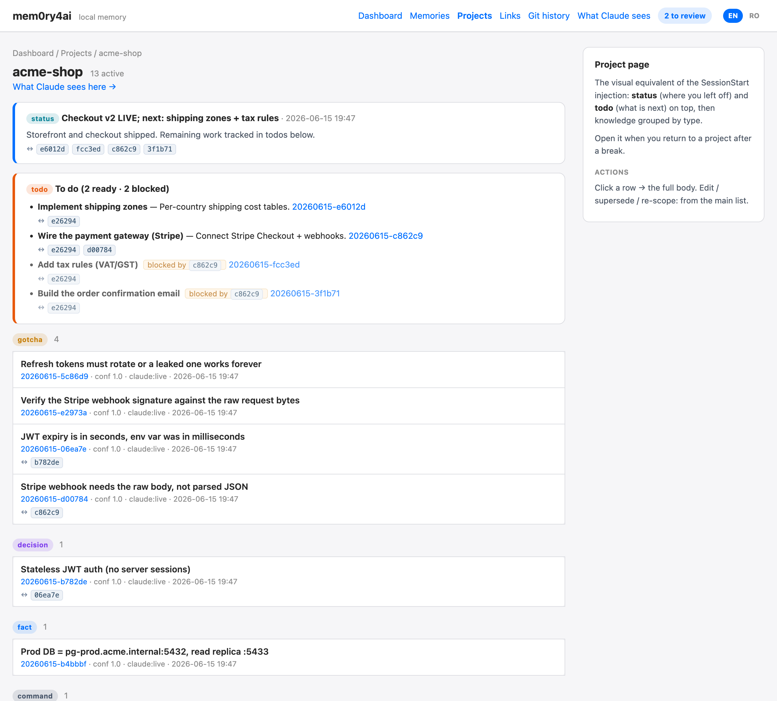 mem0ry4ai project page — status and todos (ready vs blocked) pinned on top, knowledge grouped by type.
