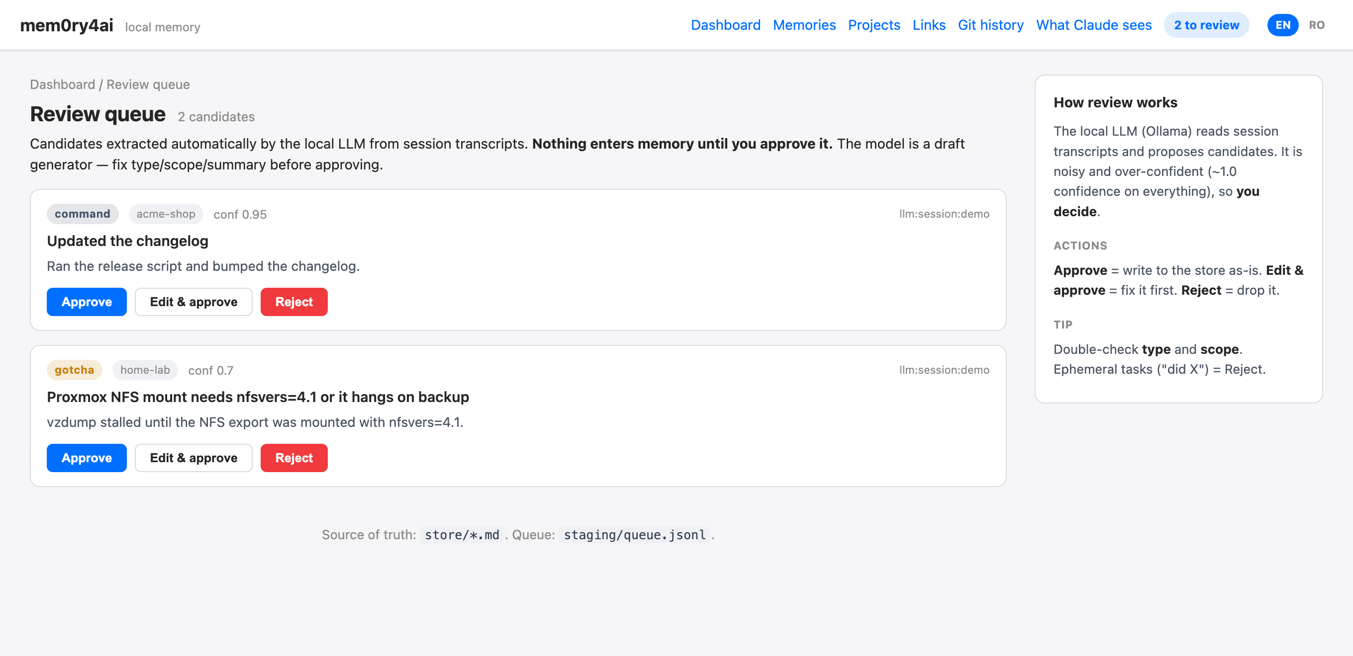 mem0ry4ai review queue — LLM-extracted candidates awaiting human approval, including an over-confident junk candidate.