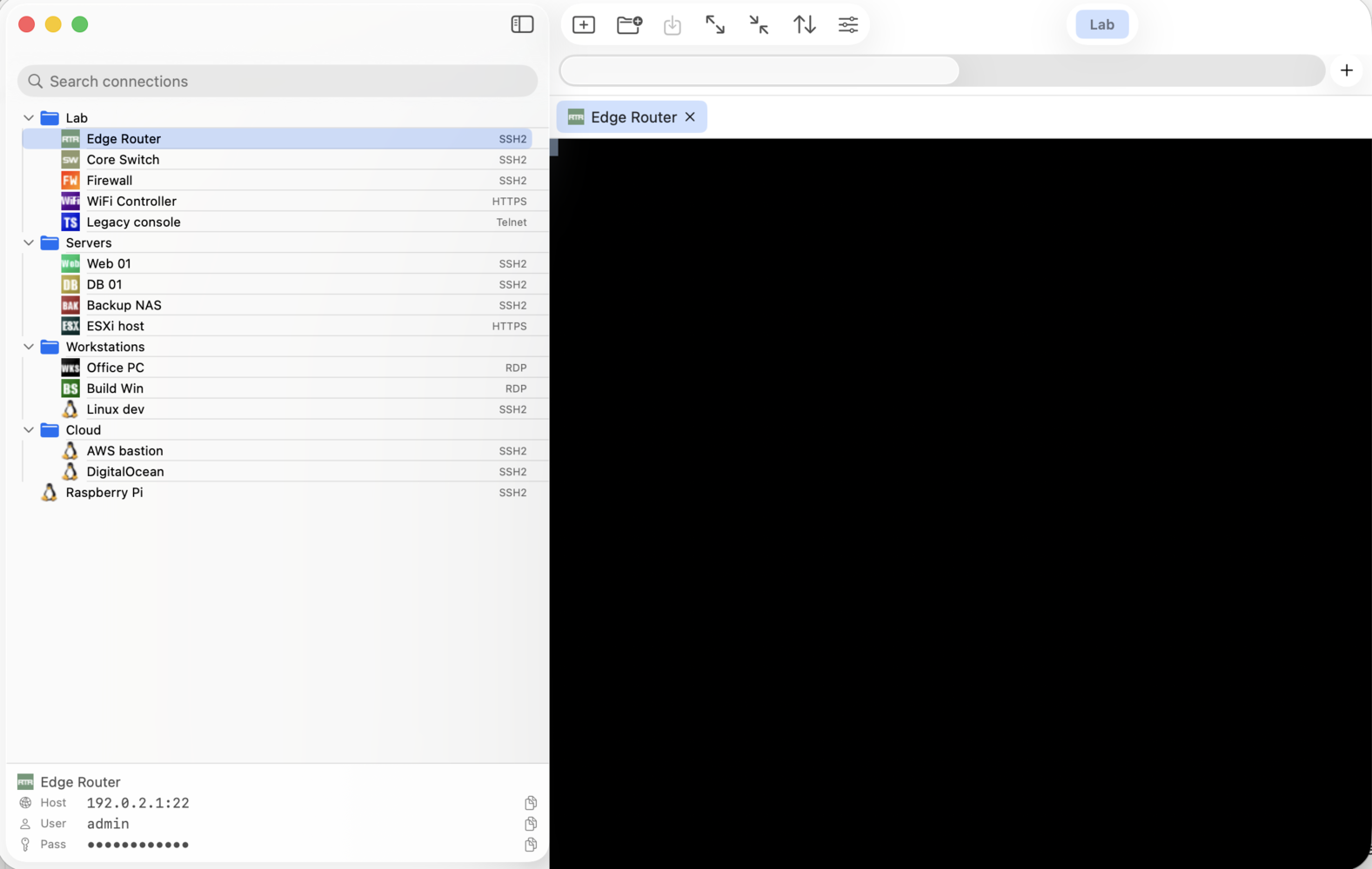 mRemoteNXT main view — connection tree on the left with folders (Lab, Servers, Workstations, Cloud), an SSH tab open on the right, status bar showing host, user and password.