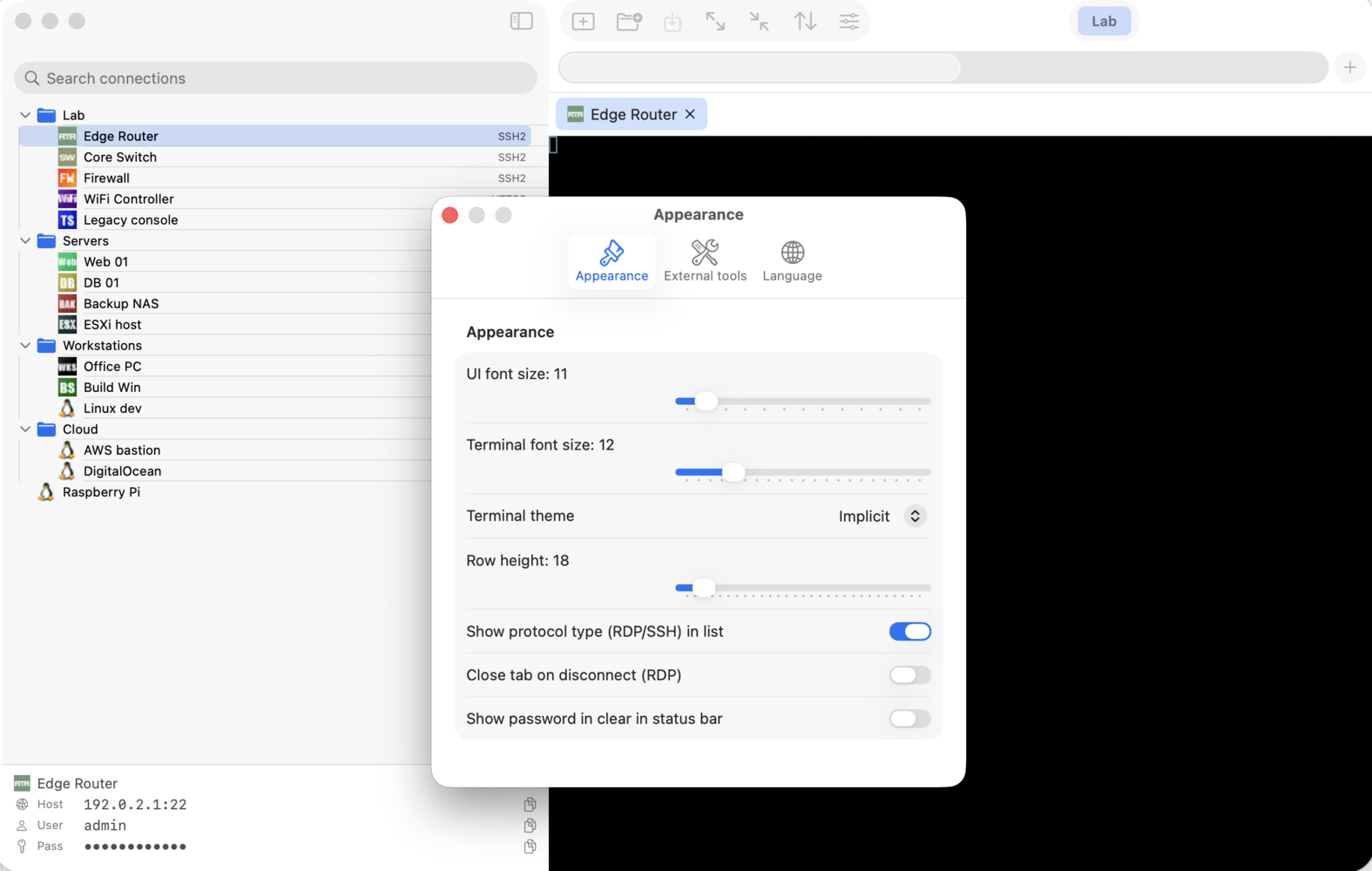 Settings — Appearance pane: UI font size, terminal theme, row height, toggles.